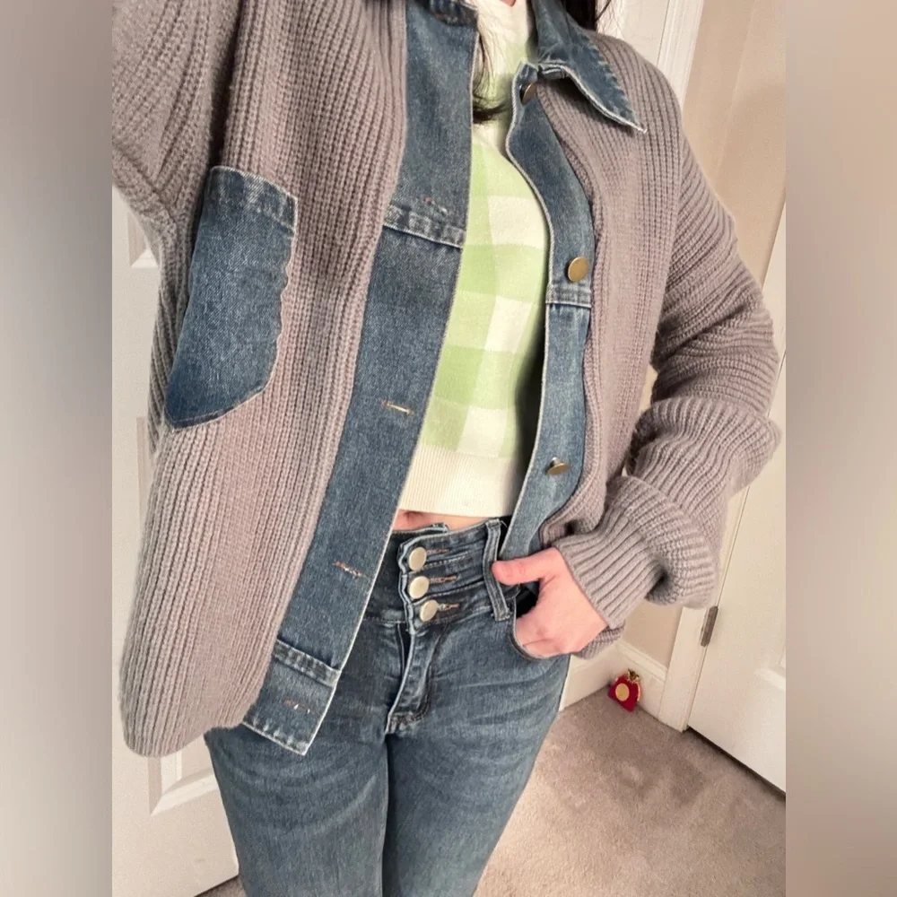 SALE! Chic Upcycled Denim-Collar Cardigan - Picture 2 of 4